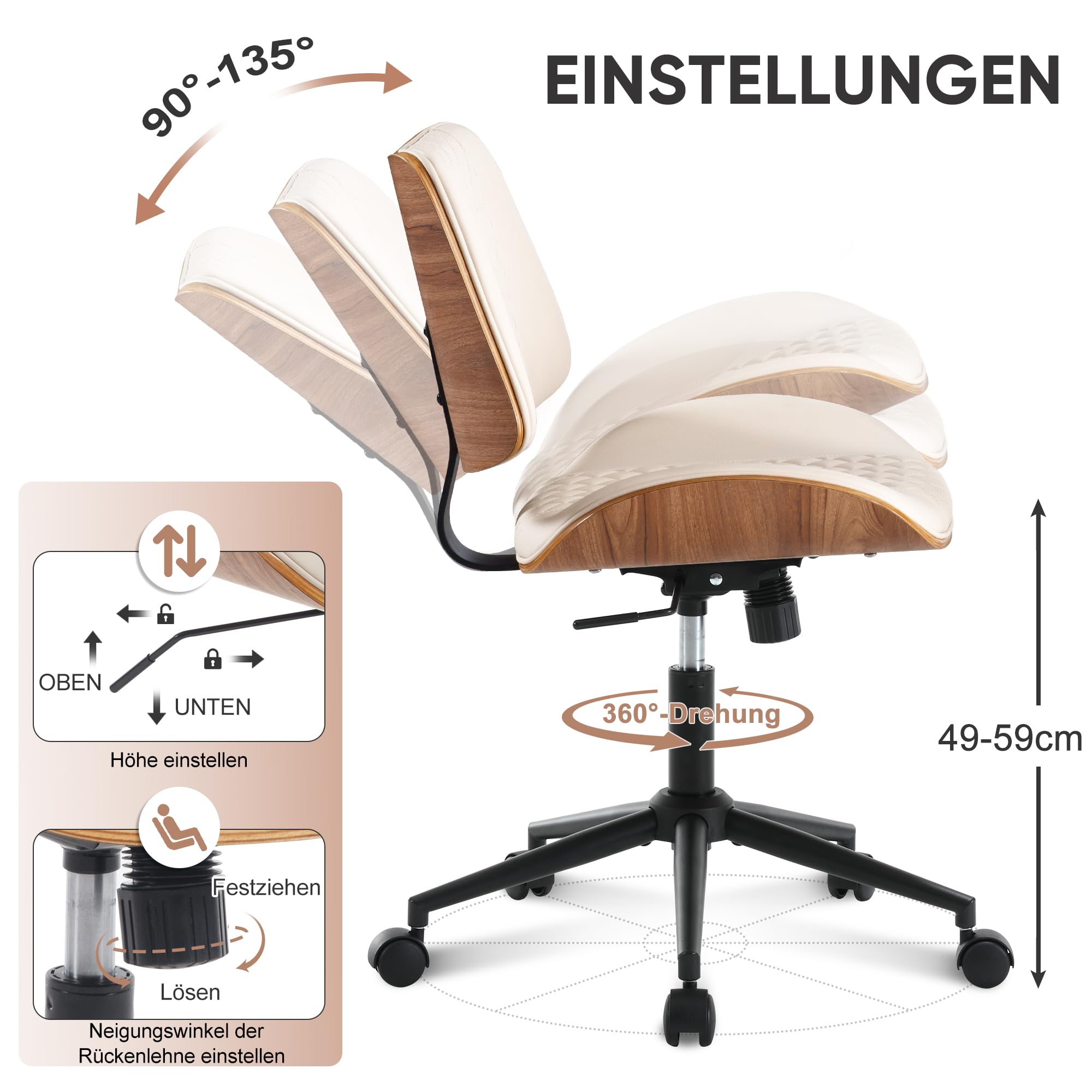 Bürostuhl ohne Armlehne Schreibtischstuhl Leder Holz Modern Homeoffice Chair Wippfunktion bis 136 kg Belastbar Höhenverstellbar 360° Drehstuhl für Arbeitszimmer Schlafzimmer Heimbüro Beige