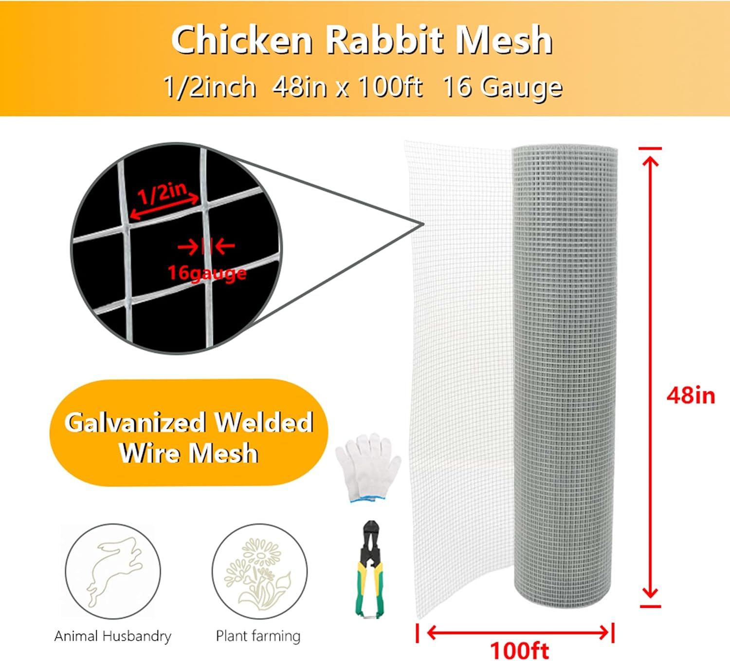 Hardware Cloth 48 in x 100 ft 1/2 in, 20 Ga Galvanized Wire Fence, Chicken Wire Fence with Pliers and Glove, for Chicken Coop, Screen mesh, Rabbit Fence and Poultry Enclosures (Silver White)