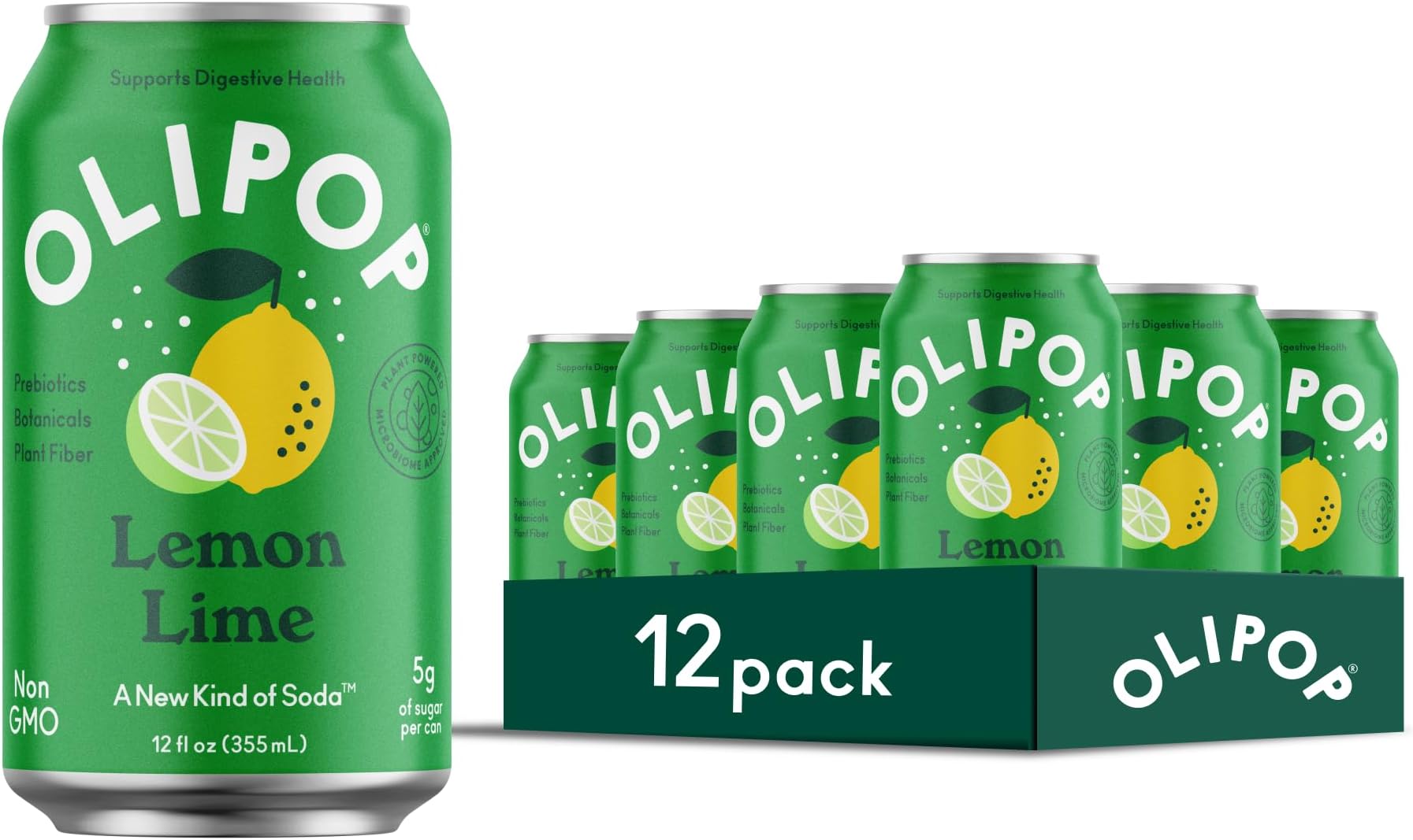 Prebiotic Soda Pop, Lemon Lime, Pantry Pack Packed with Prebiotics, Fiber, and Botanicals, Gluten Free, GMO Free, 12oz (12-Cans)