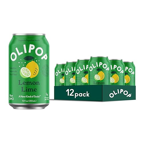 OLIPOP Soda Prebiótica, Sabor Lima Limón, Paquete de Despensa Lleno de Prebióticos, Fibra y Botánicos, Sin Gluten, Vegano, Sin OMG, 12oz (12 Latas)
