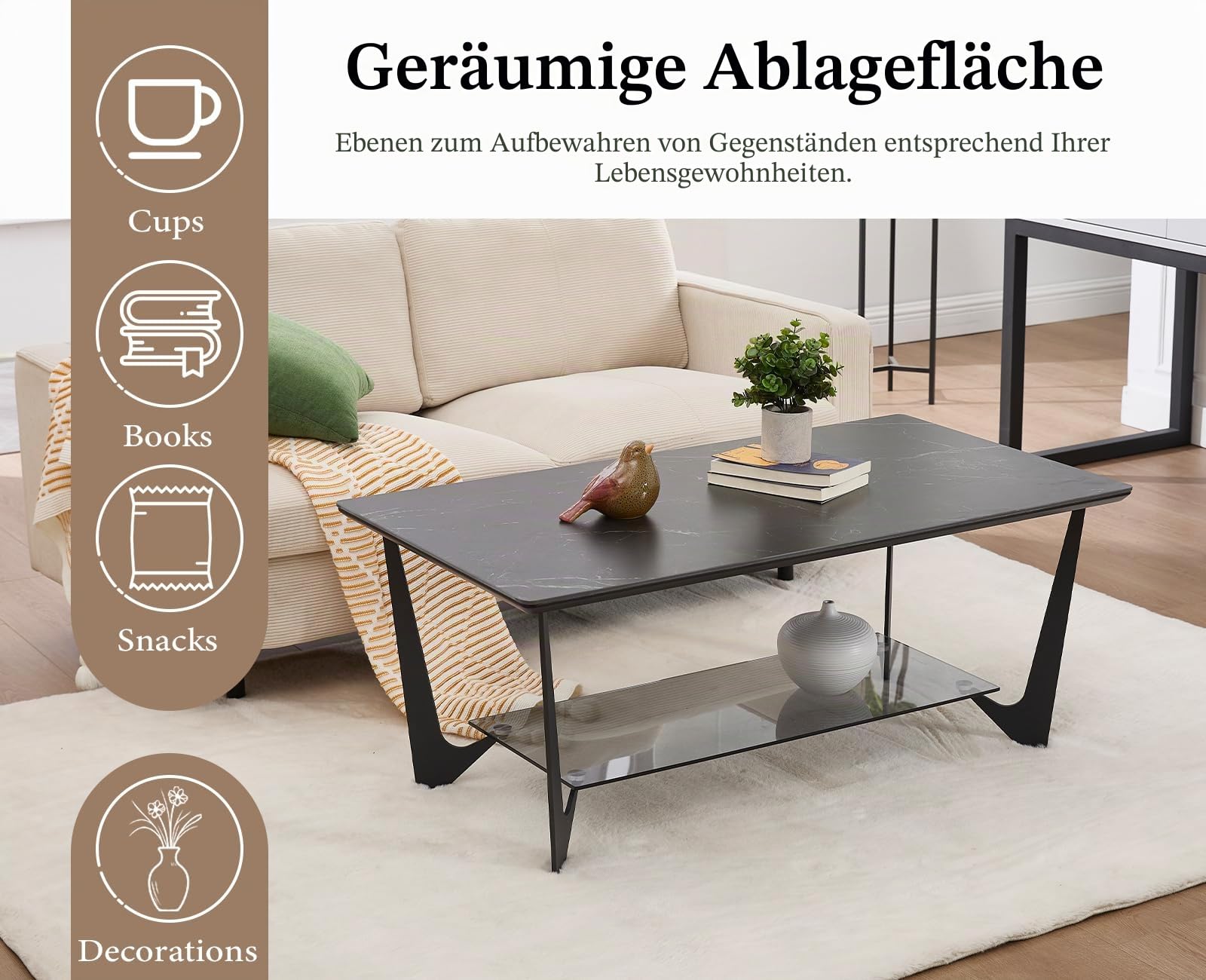 chairus Couchtisch Rechteckig, Marmormuster, 2 Ablagen Stauraum, Schwarz