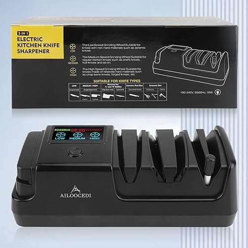 Miniatura 7 de Afilador de cuchillos eléctrico con pantalla LCD, afilador de cuchillos ajustable de velocidad de 3 etapas para todos los cuchillos de cocina, Negro