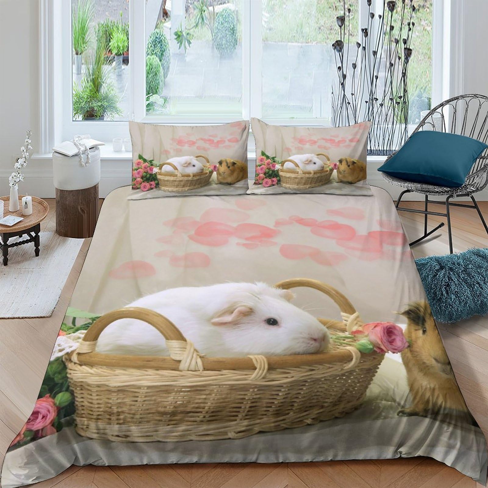 Ctjqhvkz Style-2 3D Printed White Guinea Pig Fitted Sheet Microfiber Soft Floral Basket Bed Cover For Bedroom Guest Room Decor Single（135X200cm）