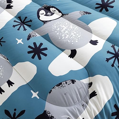 Miniatura 5 de Datura home Juego de edredón de pingüino para niños y niñas, precioso pingüino blanco nevado, juego de ropa de cama de 3 piezas con 1 edredón y 2