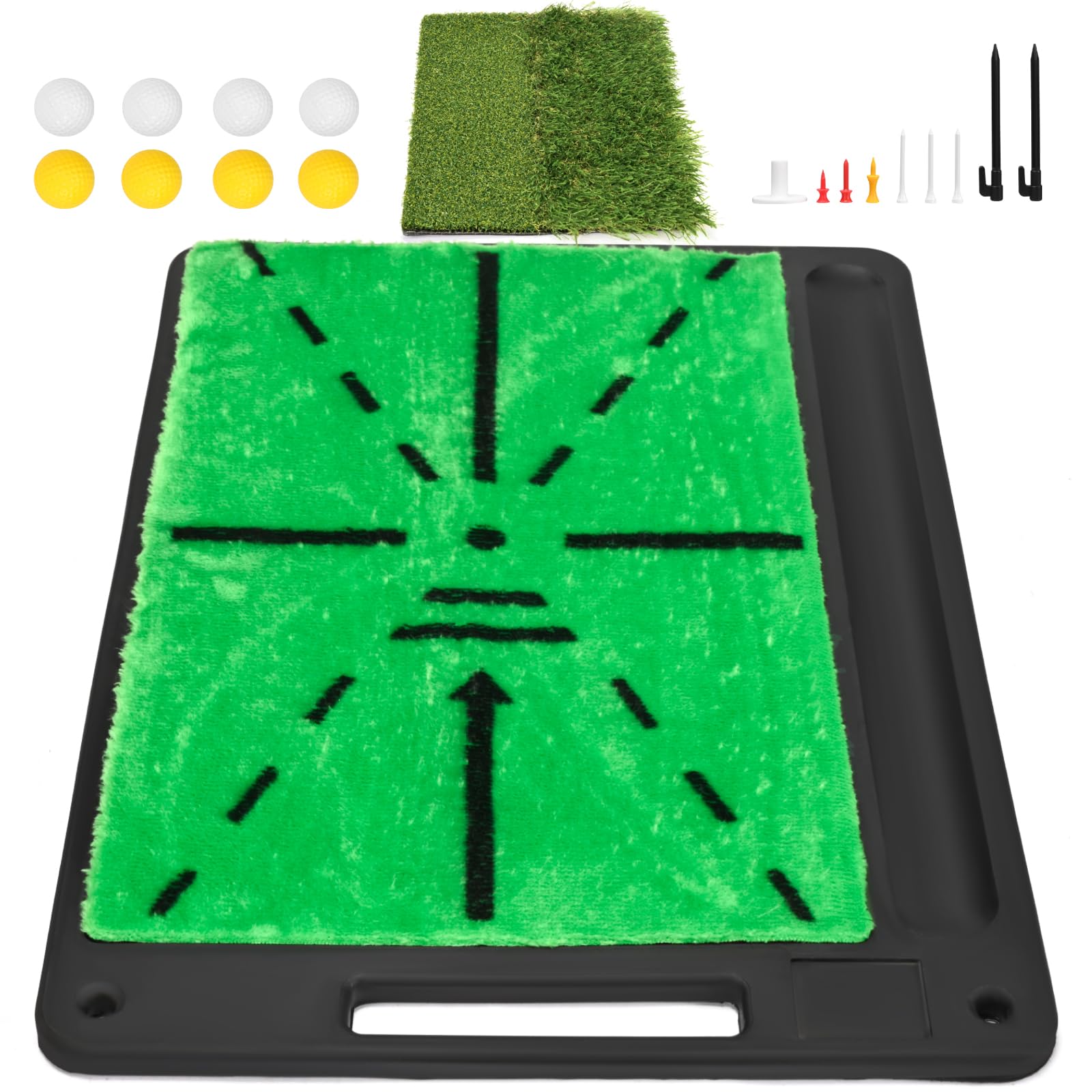 Golf Abschlagmatte, 38.5x24.5cm Golf Übungsmatte mit Dual-Turf (35mm Rough & 10mm Fairway), Schwungbahn-Feedback, Komplettes Trainingsmatte Set inkl. 8 Bällen + 7 Tees, für Indoor/Outdoor