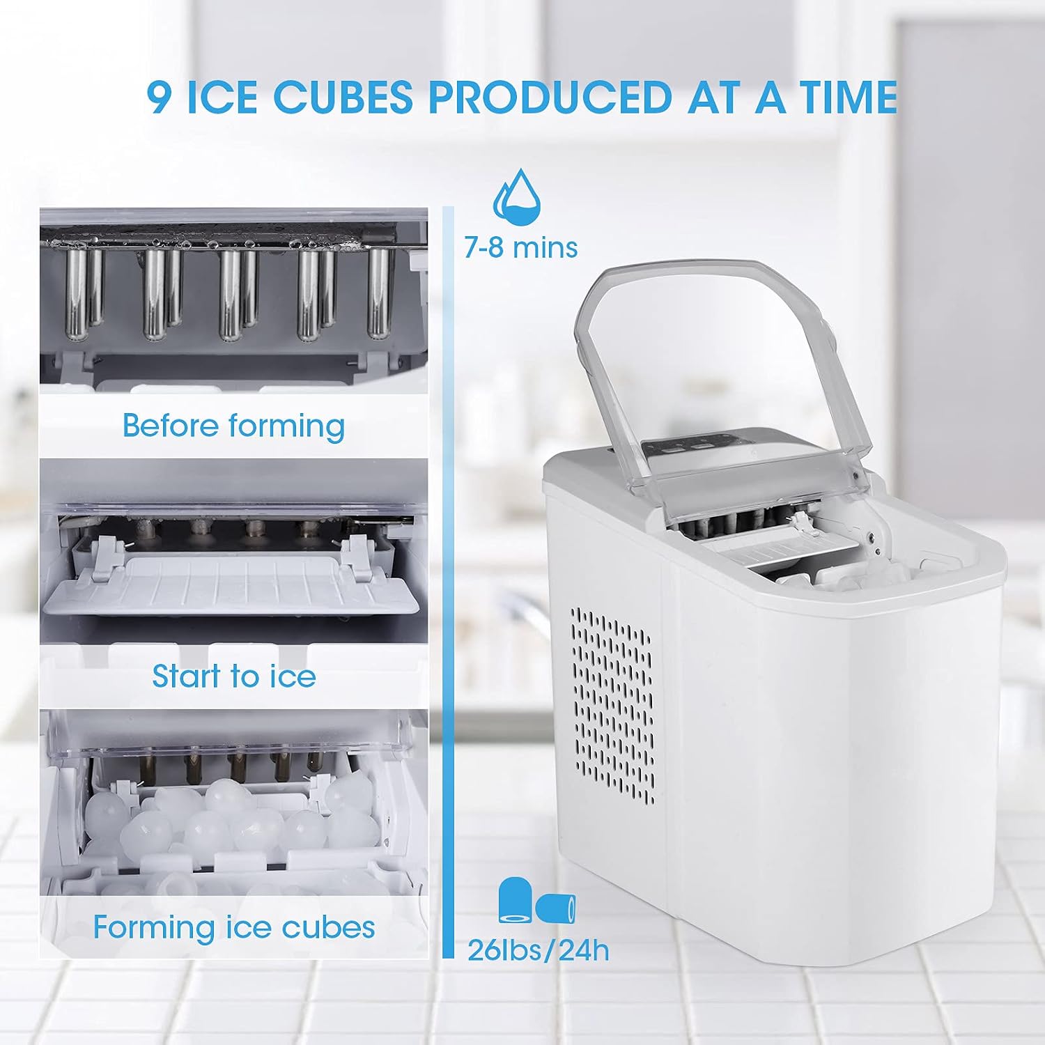 Portable Ice Maker Machine for Countertop, Bullet-Shaped Ice Cubes Ready in 8 minutes, 26 Pounds in 24 Hours, With Ice Scoop and Basket…