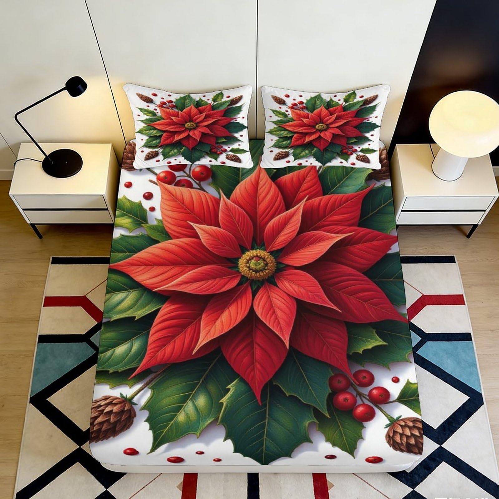 3D Printed Red Poinsettia Fitted Sheet Microfiber Christmas Floral Bed Cover for Bedroom Guest Room Decor 90x200x25cm