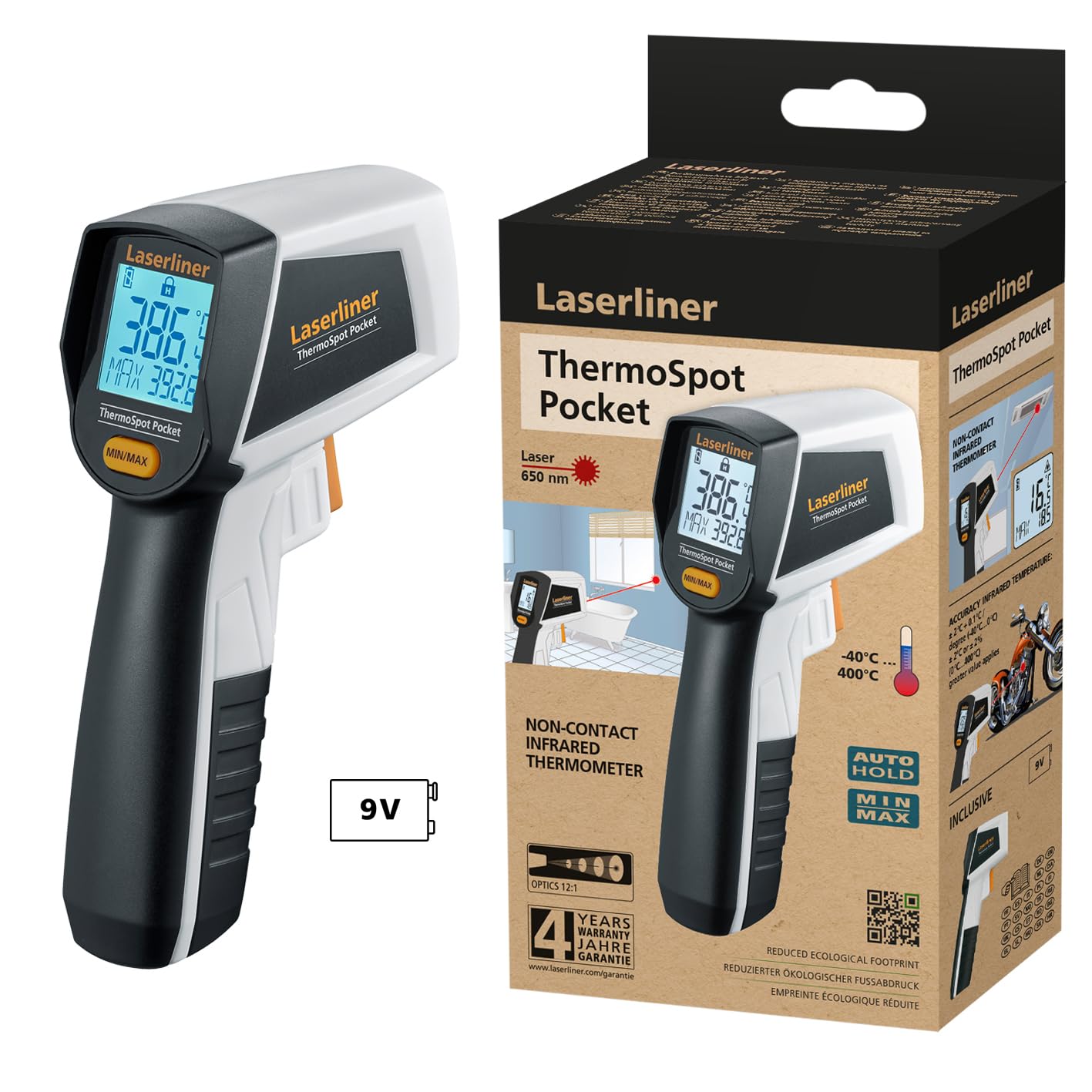 Laserliner ThermoSpot Pocket Infrarot Thermometer Digitales Temperaturmessgerät -40 °C bis 400 °C Min Max Anzeige