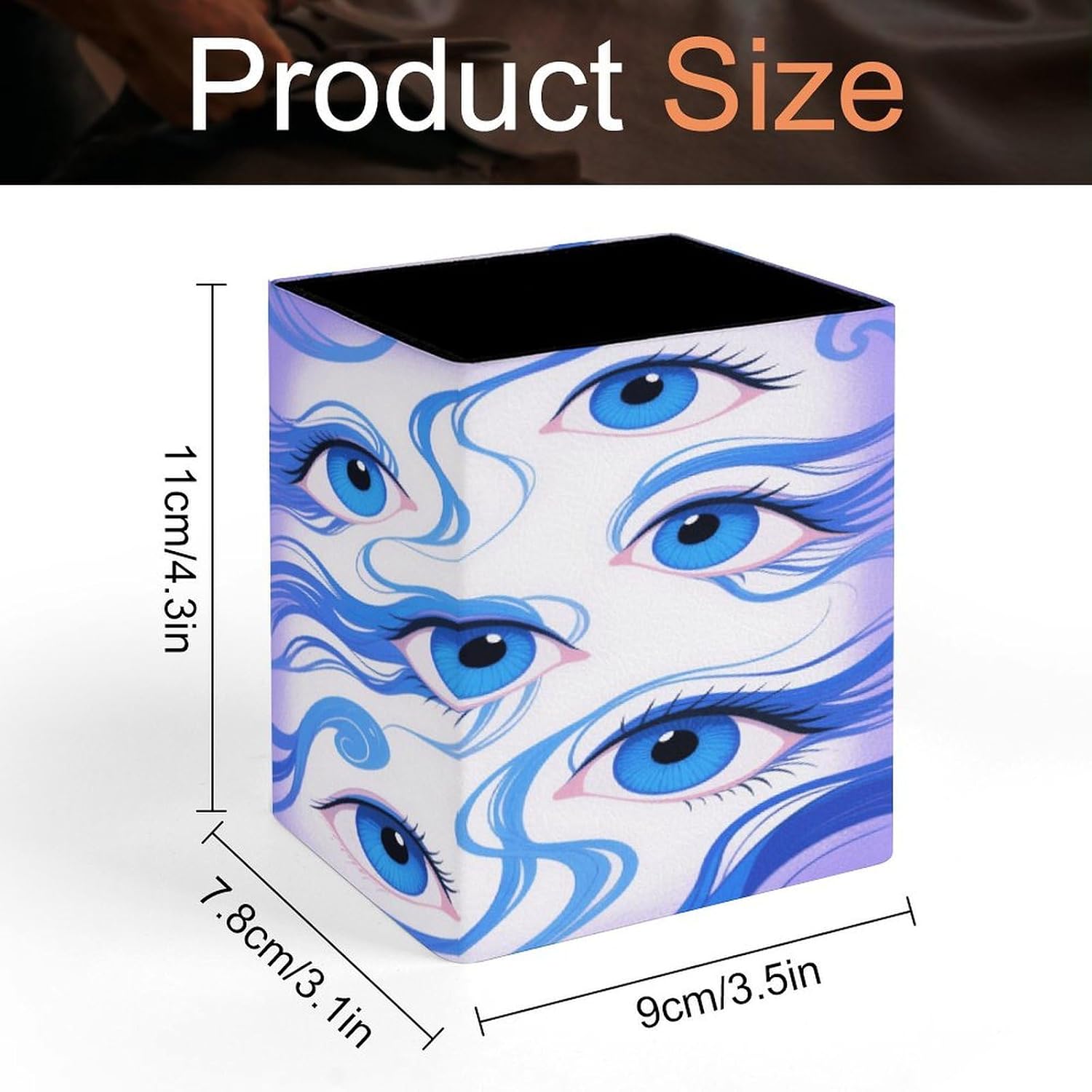 PU Leather Pencil Holder Funny Blue Eyes Pen Holder for Office Desk Accessories & Workspace Organizer Square Pencil Cup with Non-slip Bottom for Home Bathroom Conference Room image 2