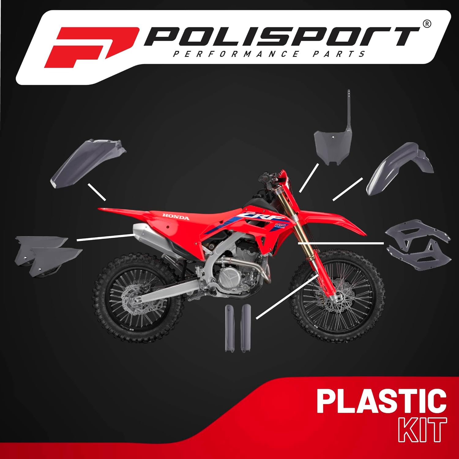 Polisport Motocross (MX) Replica Plastic Kit for Honda CRF 450RX (2021-23) Dirt Bike – OEM Quality, Durable, Flexible & Perfect Fit – Nardo Grey