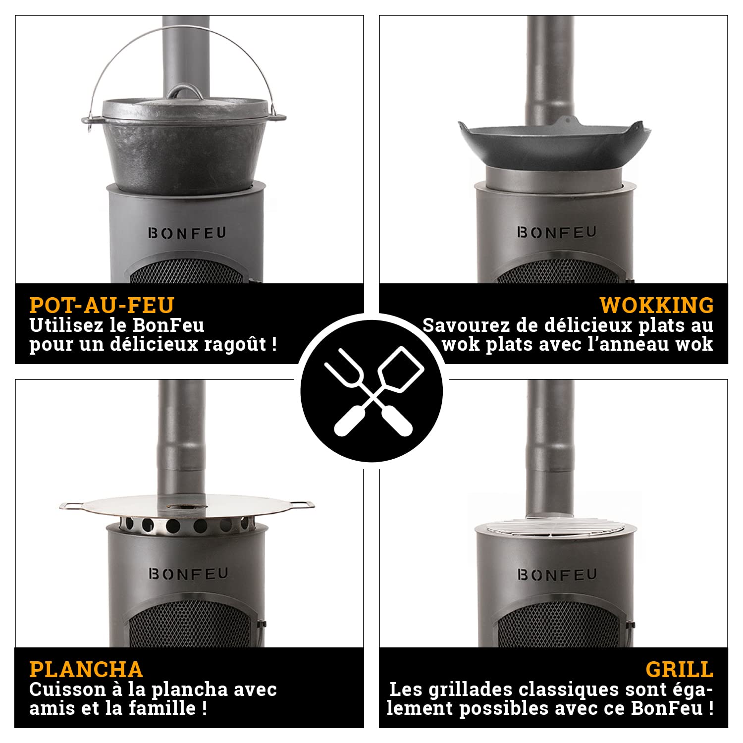 Cheminée de Jardin BonGiano SP Noire BonFeu 30x30x142 cm - Grille de Barbecue - Couvercle - Tisonnier et Pare-Étincelles