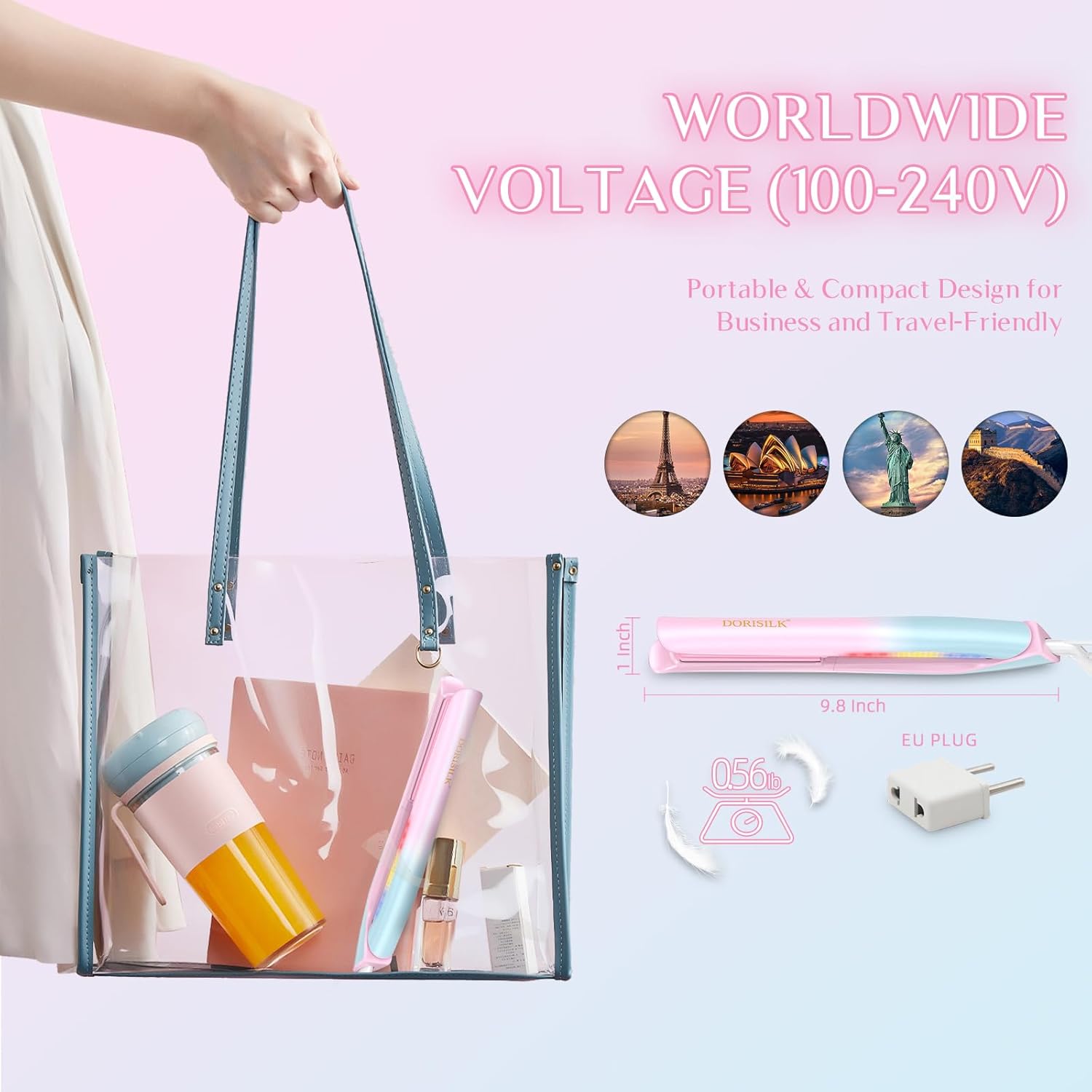 DORISILK 470°F Hair Straightener Colorful Light, Dual Voltage Flat Iron for EU Travel, 1" Professional Salon Ceramic Straightening & Curling Iron Smooth Tech 30s Fast Heat for Women Girls, Blue Pink - Image 2