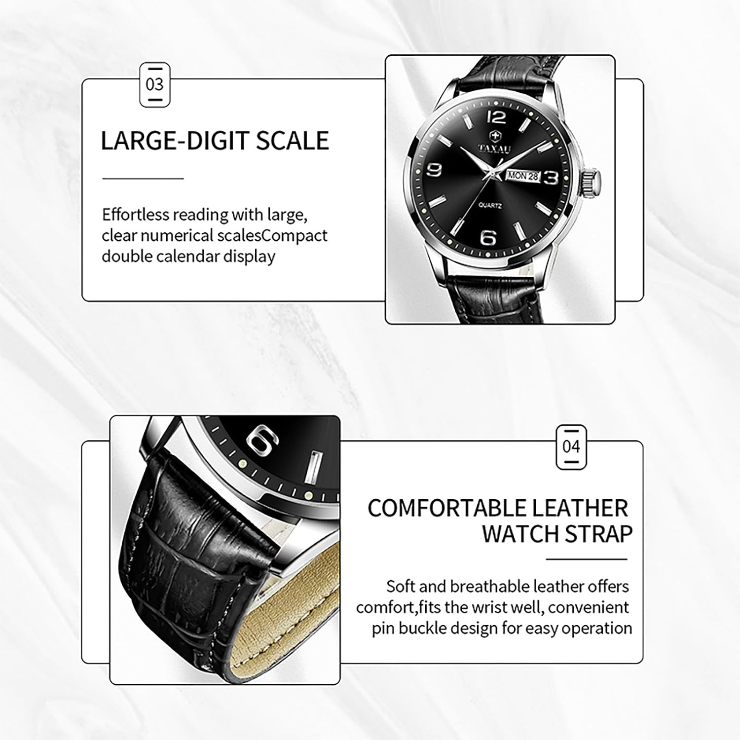 Taxau Men's Watch Big Face Easy Read Arabic Numeral Dress Watches for Men Classic Black Brown Leather Band Analog Mens Wrist Watch with Day and Date Fashion Business Waterproof Luminous Quartz Watch