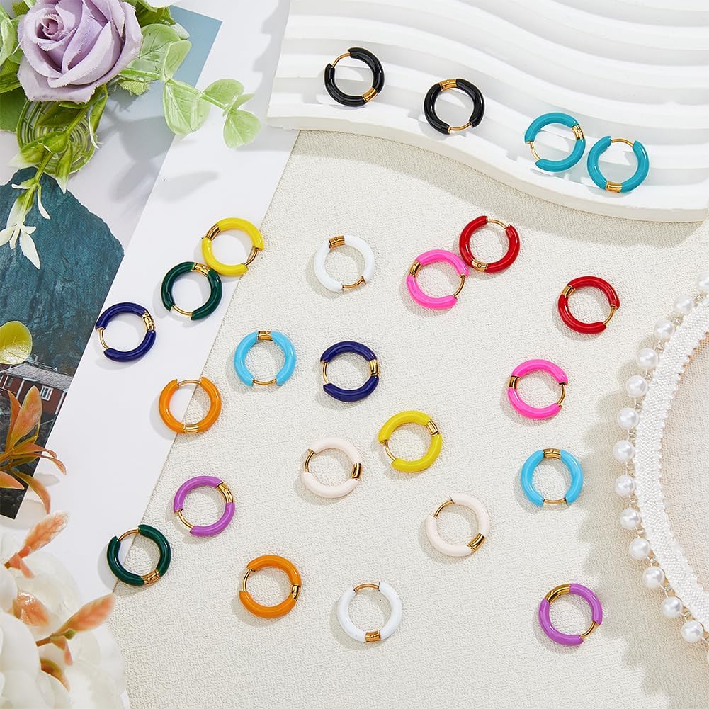 DICOSMETIC 24Pcs 12 Colors Colorful Enamel Hoop Earrings Golden Huggie Hoop Earrings 12mm Small Cute Statement Earrings Stainless Steel Earrings Set Fashion Jewelry for Women - Image 5