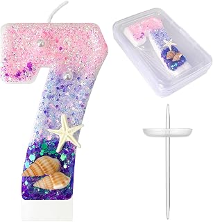 7Th Birthday Candles,Pink and Purple Number Candles,with Conchs, Starfish & Pearls,for Mermaid Theme Party Cake Topper Supplies,Party Celebrations, Birthday Decorations