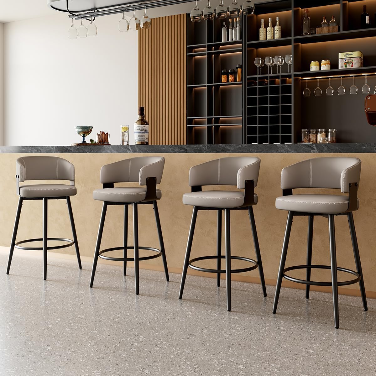 Bar Stools Set of 4, 30" Swivel Bar Height Bar Stools with Curved Back, Mid-Century Modern Faux Leather Bar Chairs with Stitching for Kitchen Island, Dining, Living Room, Matte Gray