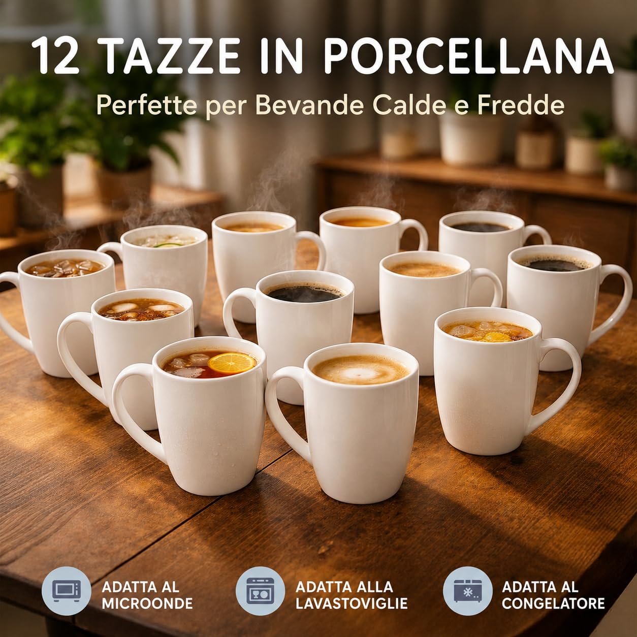 CUQOO Set di 12 tazze da caffè bianche, 350 ml, in ceramica di porcellana con manico, set di tazze grandi, lavabili in lavastoviglie e adatte al microonde, tazze sfuse per casa, ufficio e catering