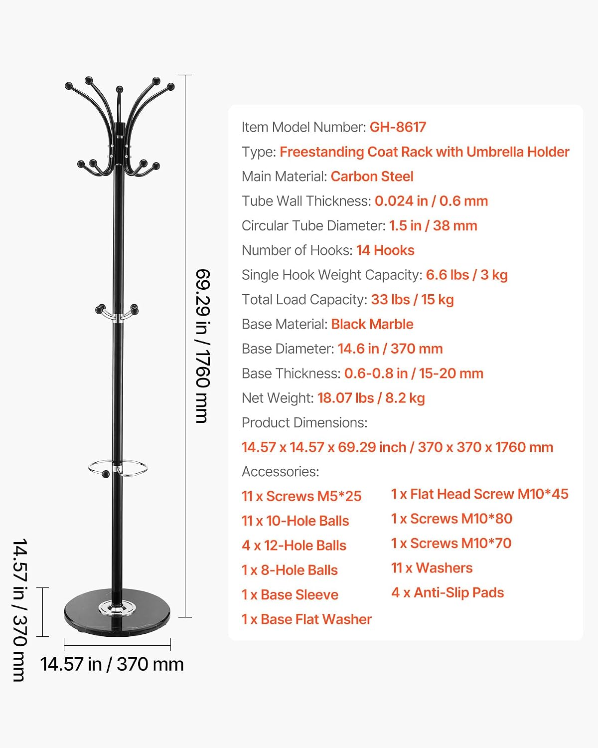VEVOR Freestanding Coat Rack, Metal Coats Rack Stand with Umbrella Holder, Stable Marble Base & 14 Hooks, Hall Coat Tree for Entryway, Bedroom, Living Room, Stylish Coats Hanger for Hats, Scarves, Bag
