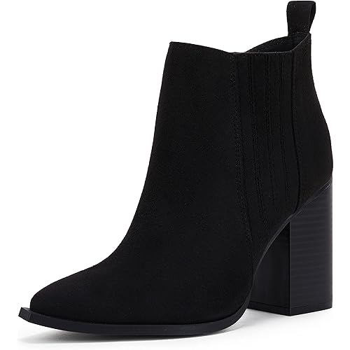 Womens Pointed Toe Slip on Ankle Booties Stacked Mid Block Heel Shoes Faux Leather Boots