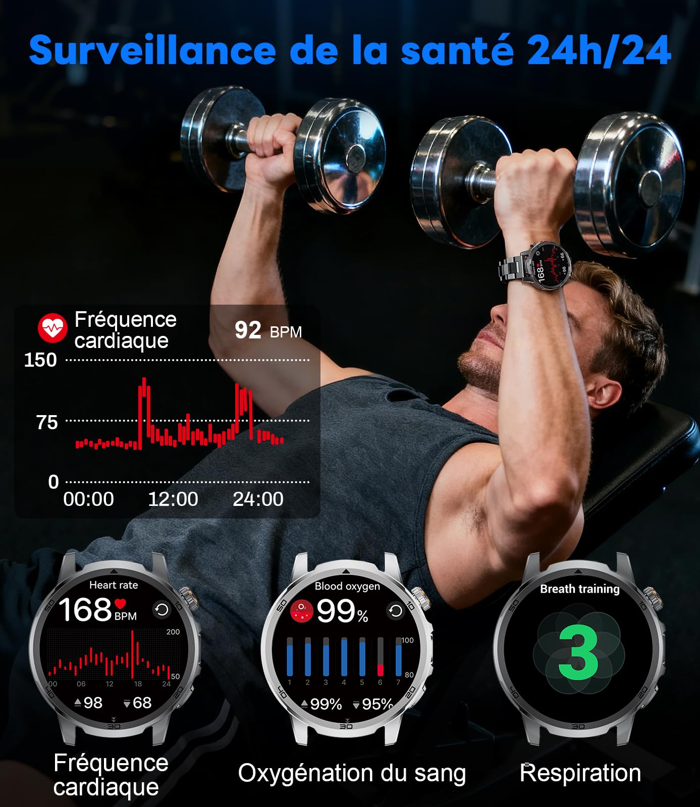 FEELNEVER Montre Connectée Homme avec 1000mAh/1,85'' HD Grand Écran/LED Lampe,Smartwatch Homme avec Moniteur de Fréquence Cardiaque et Sommeil/110+ Modes Sportifs,IP68 Étanche Android iOS, Noir