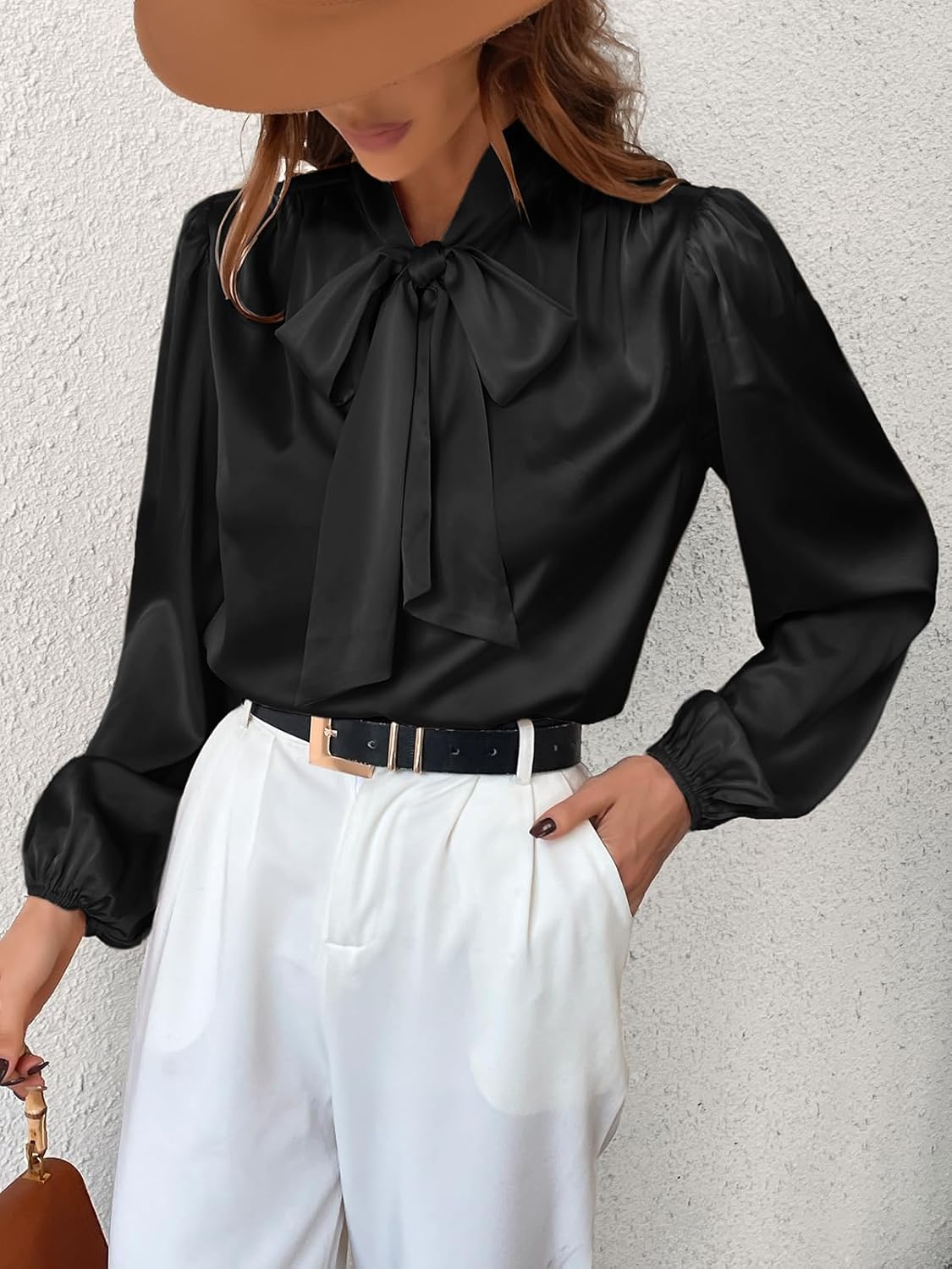 CUPSHE Women's Blouses Long Sleeve Satin Shirts Bow Tie High Neck Tops Dressy Casual - Image 3