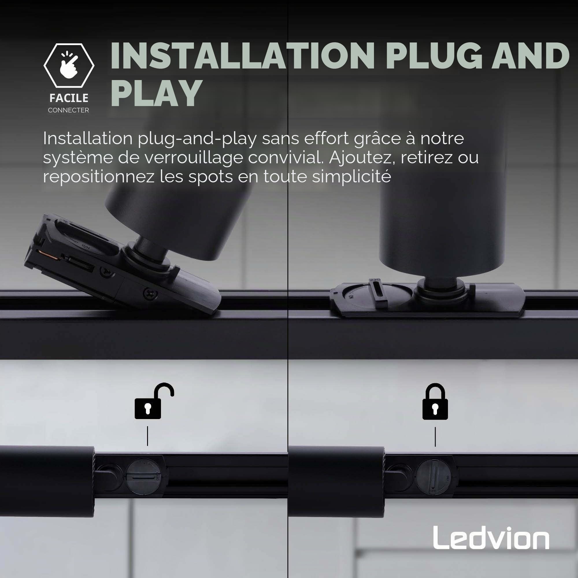 Ledvion - Système d’éclairage LED monophasé, 2m, Rail Monophasé, 3W, Noir, 2700K, 6 spots GU10 orientables, luminaire plafonnier, spot plafond, rail led, plafonnier moderne design