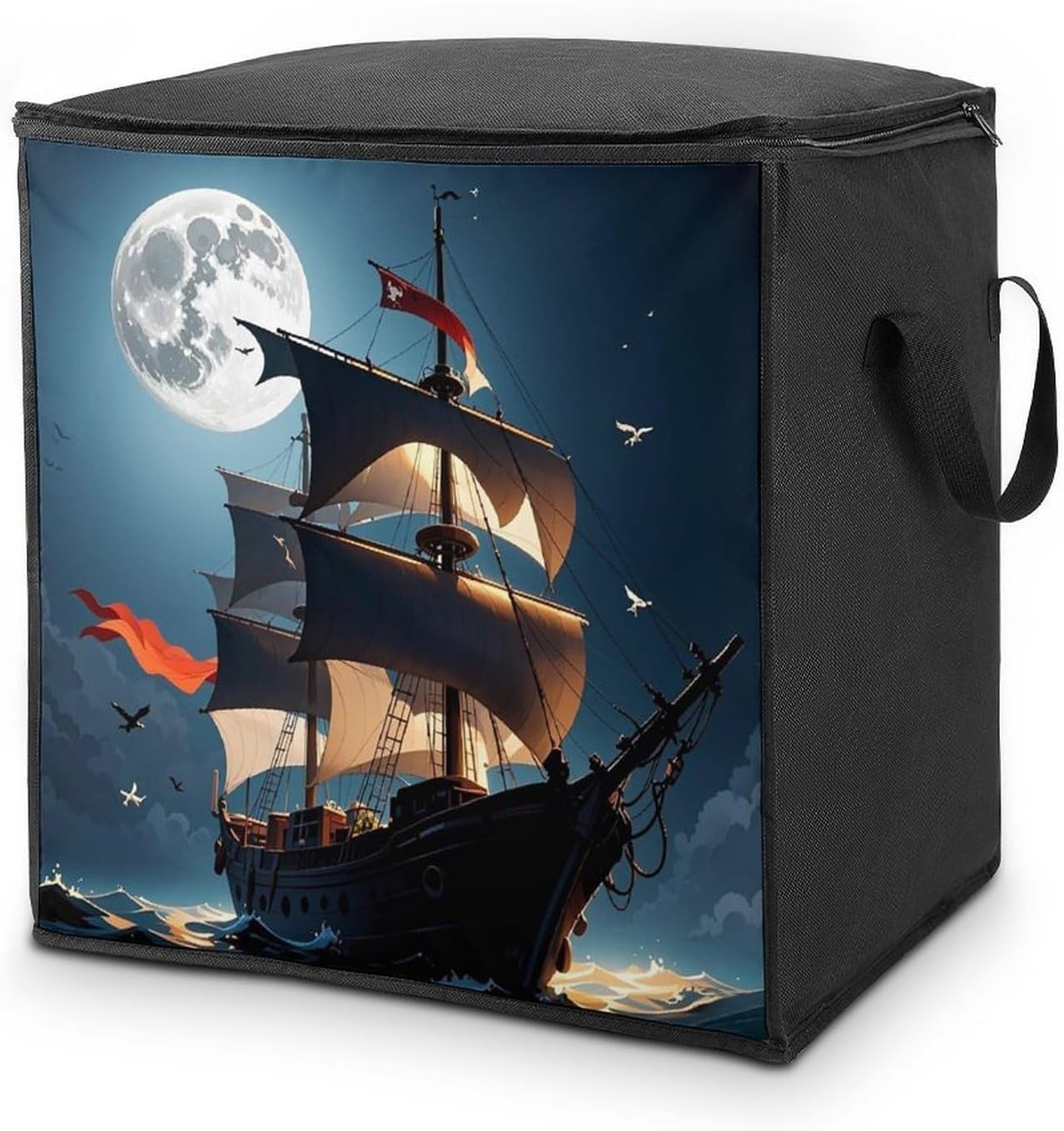 Pirate Sailboat Full Moon Storage Bags Closet Organizer Clothes Storage Bin Blanket Storage Bag with Zipper And Handle Clothes Storage Containers for Clothing, Sweater, Comforter, Bedding