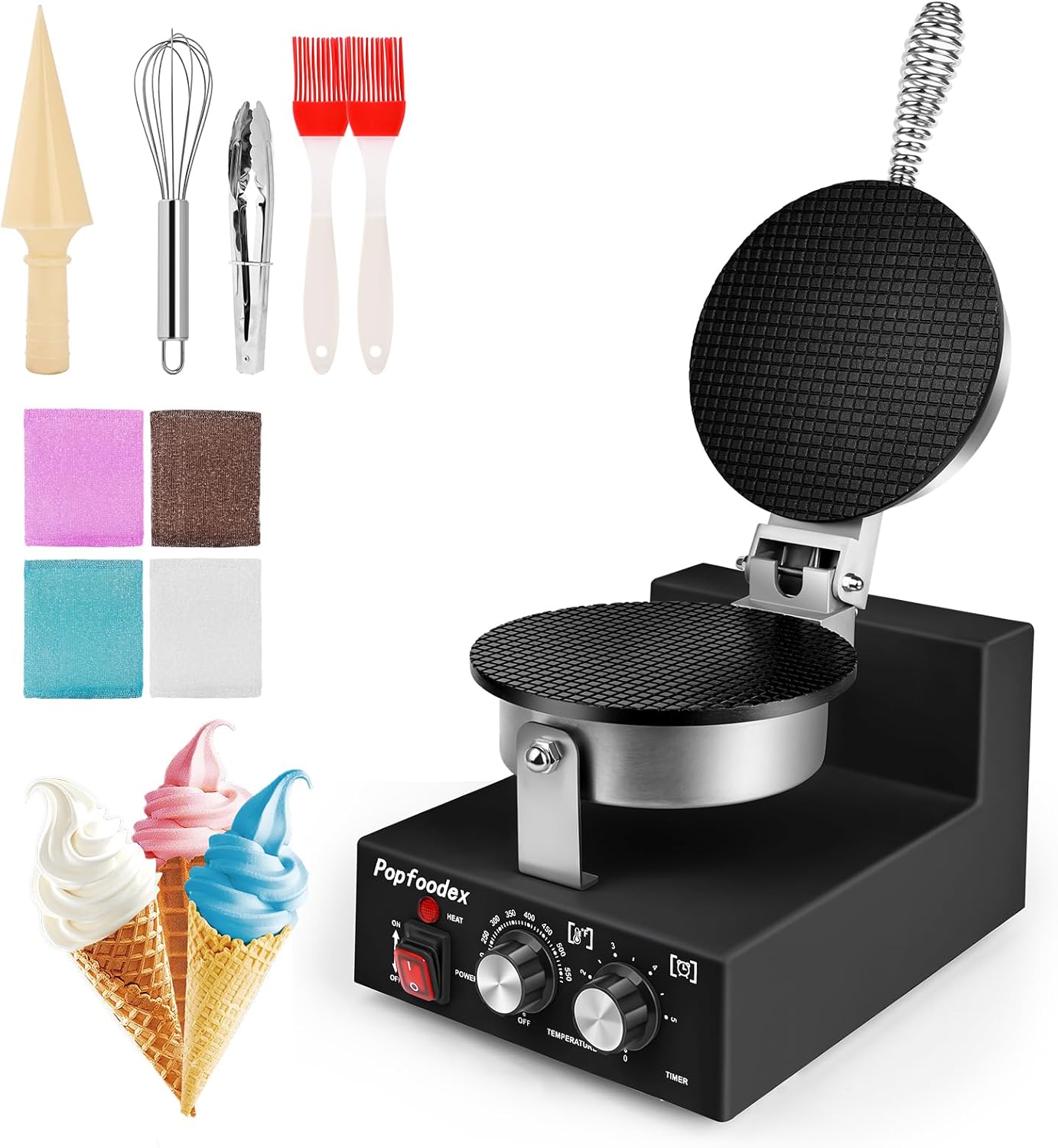 Commercial Waffle Cone Maker - 1200W Commercial Ice Cream Cone Maker w/ 8’’ Non-stick pan and 122–572°F Adjustable Temp, Waffle Cone Maker Machine w/Shaper Roller and Timer, for Restaurants