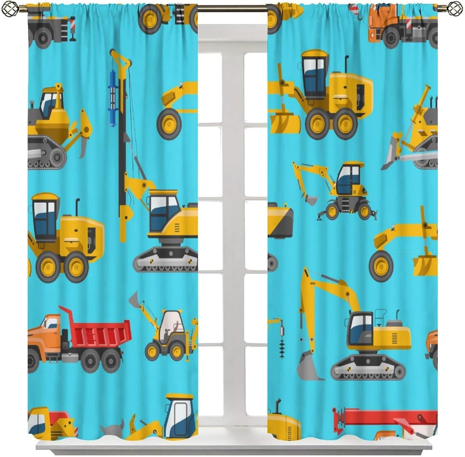 Kids Construction Truck Curtain, Excavator Vehicle Tractor Cars Rod Pocket Blackout Window Treatment Curtain for Kids Boys Bedroom Nursery 42" W X 45" L