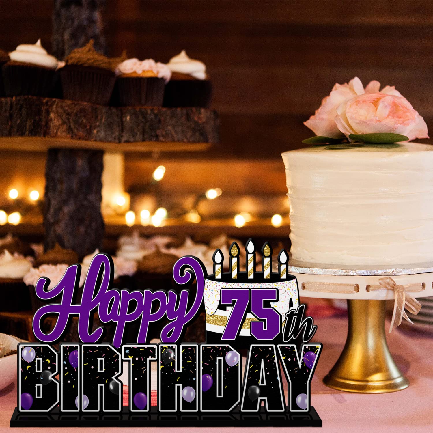 LINGTEER 'Happy 75th Birthday' fioletowy akrylowy zestaw ozdób stołowych – na prezent dla 75 lat urodzin 75. urodziny.