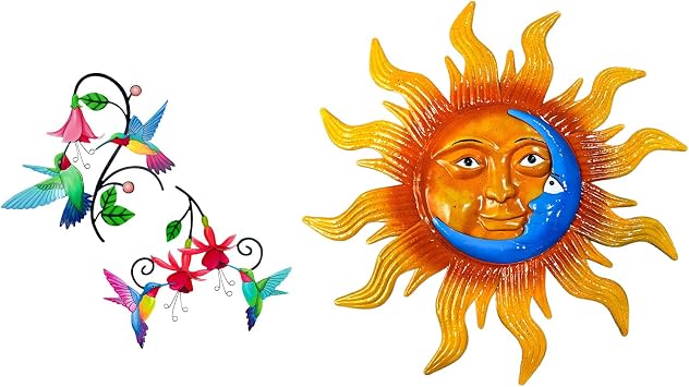 Meduofon 2 Pack Metal Hummingbird Outdoor Wall Art Decor with Metal Flower Wall Decor+25.7 Large Size Metal Sun