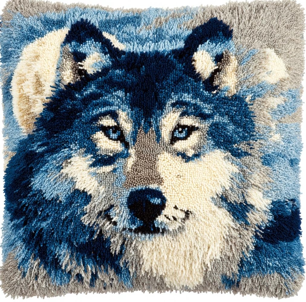 kitphoenix Latch Hook Kit Unfinished Cushion Cover with Printed Canvas Moon Wolf Pillowcase Sewing Making Kits for Beginners Adults Embroidery Kits Home Decoration 17X17Inch