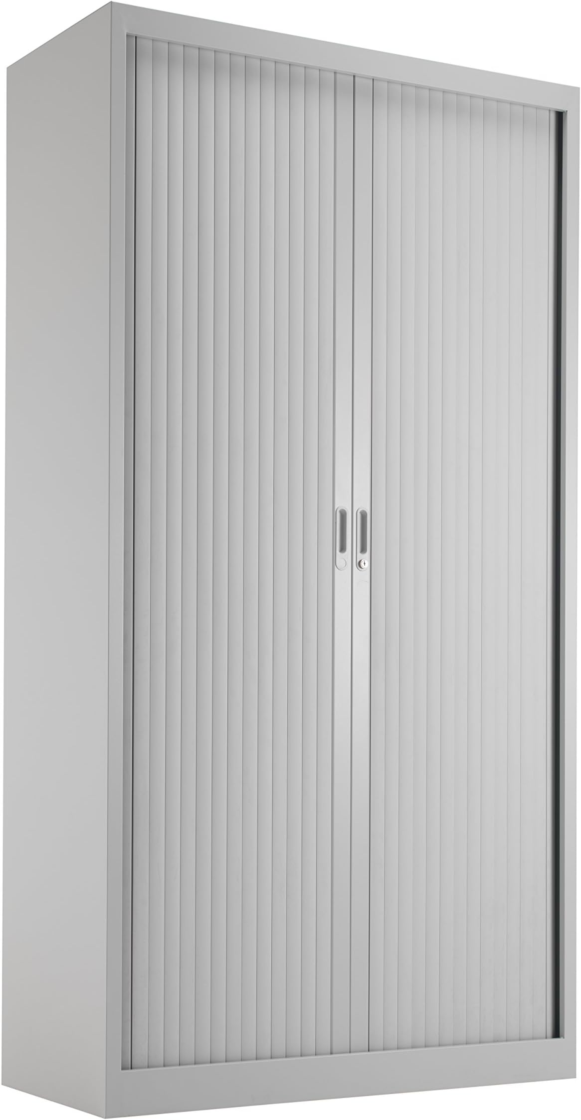 Office Hippo Steel Tambour Cupboard, Fully Lockable Cabinet, Side Opening Metal Storage With 4 Height Adjustable Shelves, 195 cm High, Grey Metal