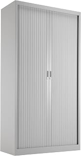 Office Hippo Steel Tambour Cupboard, Fully Lockable Cabinet, Side Opening Metal Storage With 4 Height Adjustable Shelves, Metal Cabinet With 50kg Load Capacity Per Shelf - Grey Metal
