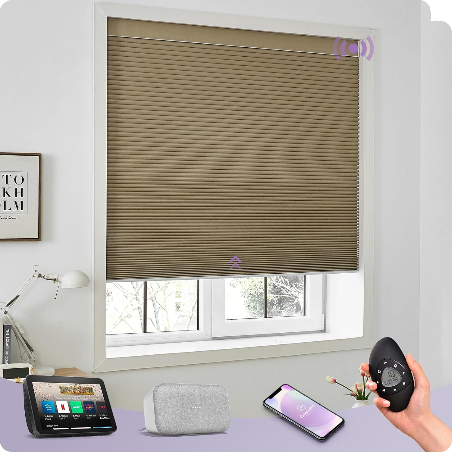 Graywind Smart Custom Cellular Shades Compatible with Alexa Google Blackout Rechargeable Motorized 5/8" Single-Cell Honeycomb Window Shades Remote Accordion Blinds, Burlywood