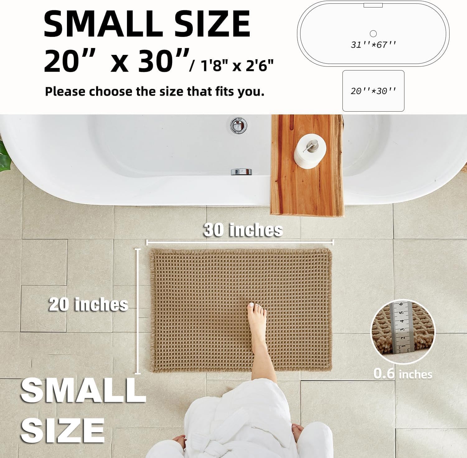 TYUU TYUU Waffle Bath Mat, Boho Bathroom Rugs Non Slip Washable Super Absorbent Quick Dry Farmhouse Bathroom Decor, 30"x20" Khaki in use
