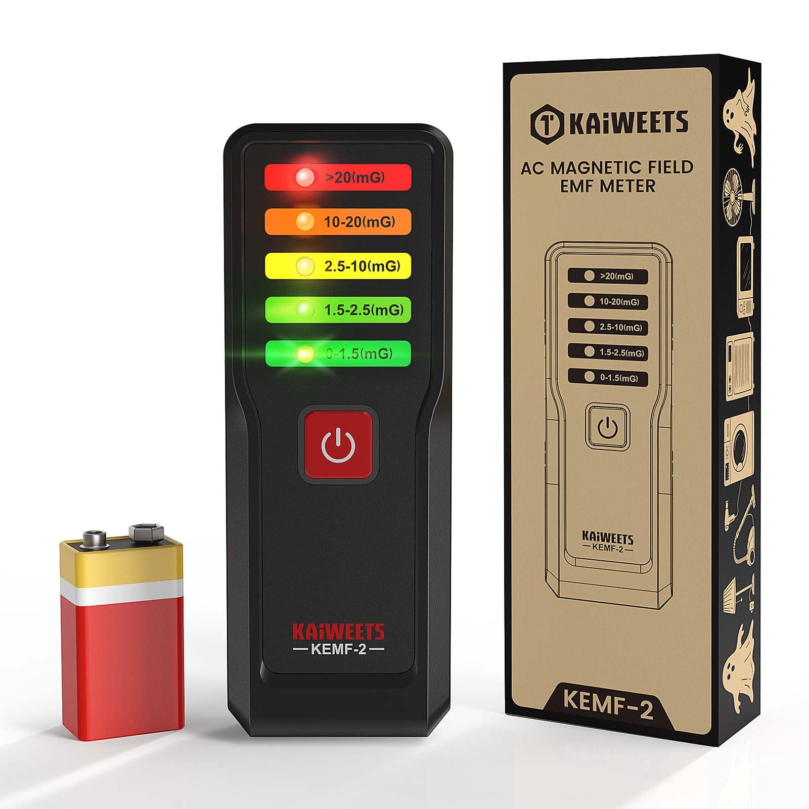 KAIWEETS EMF Meter for AC Magnetic Fields, 5-Color LED, Detects 0.1–20mG Across 30Hz–20kHz, ±5% Accuracy, Includes 9V Battery – for Ghost Hunting, Home, Office, and EMF Testing