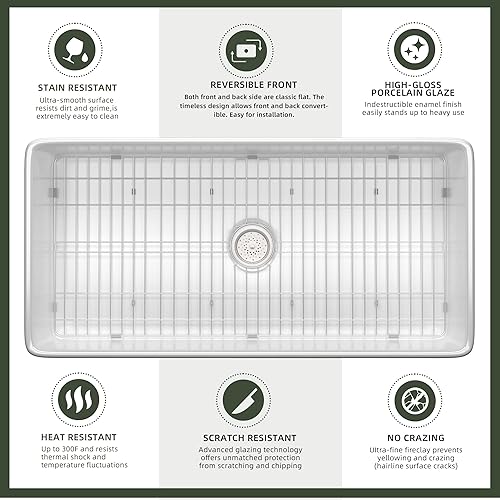 Miniatura 5 de TUKTUK Fregadero de granja blanco de 36 pulgadas, delantal de arcilla refractaria frontal, fregadero de cocina con caída profunda en el fregadero de