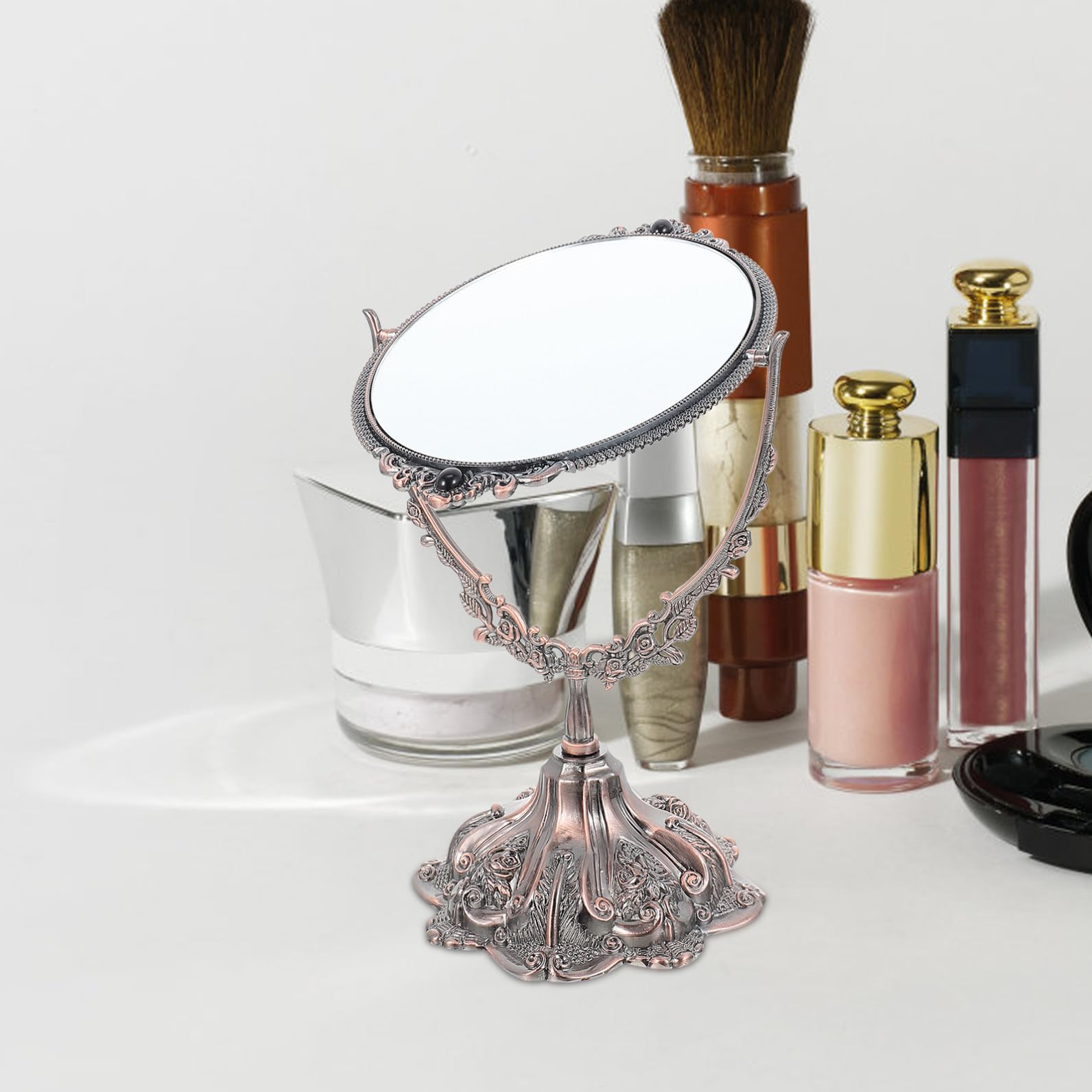 PLAFOPE Doppelseitiger Vintage Schminkspiegel aus Zinklegierung | Rotierbar mit Flachem Standfuß, Hochauflösende Ansicht, für Make Up und Hochzeit
