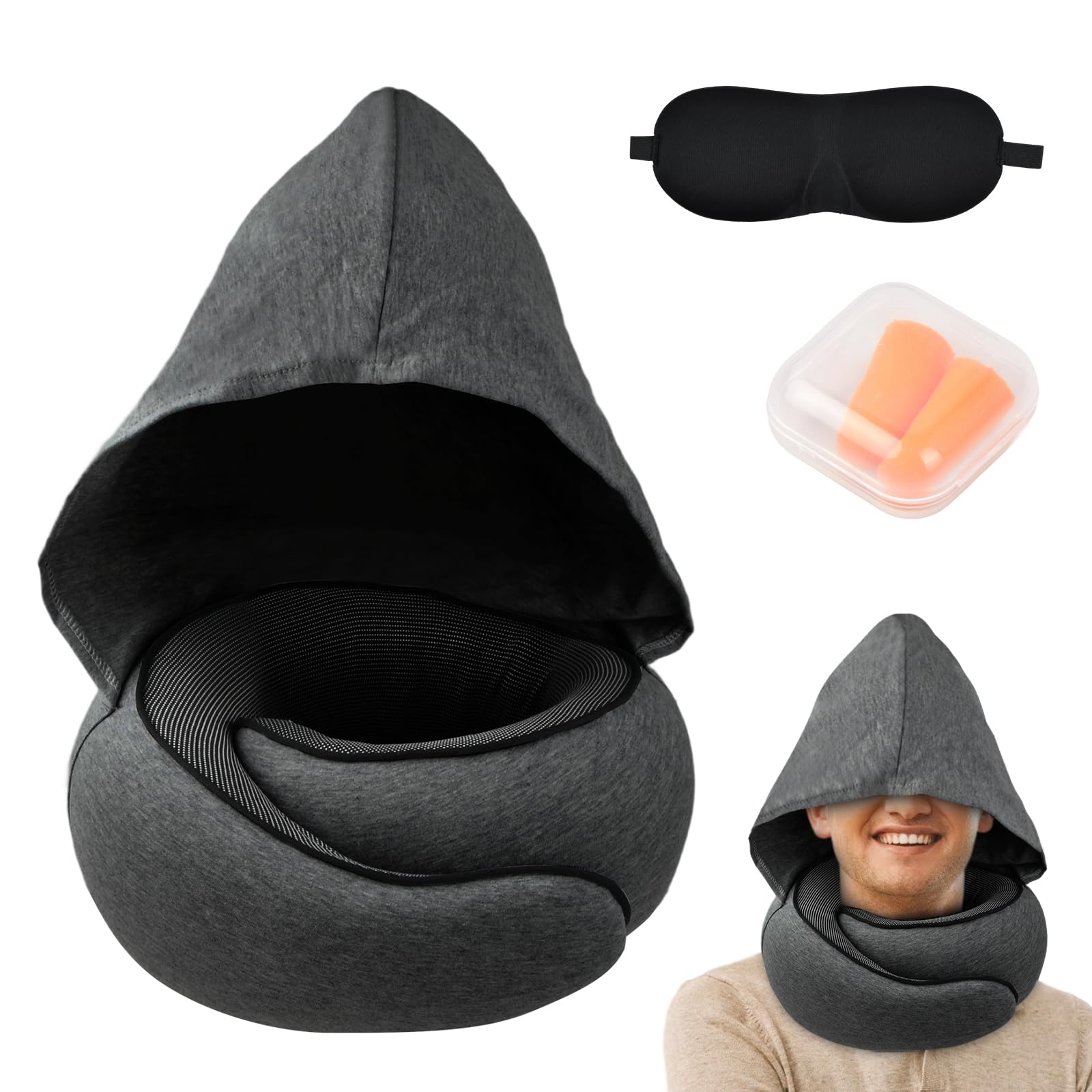 Eono Cuscino da Viaggio, Cuscino Collo Memory Foam, Cuscino Cervicale Viaggio, Perfetto per Aereo Auto Ufficio, Inclusa Maschera per Dormir, Tappi auricolari, Borsa per Trasporto