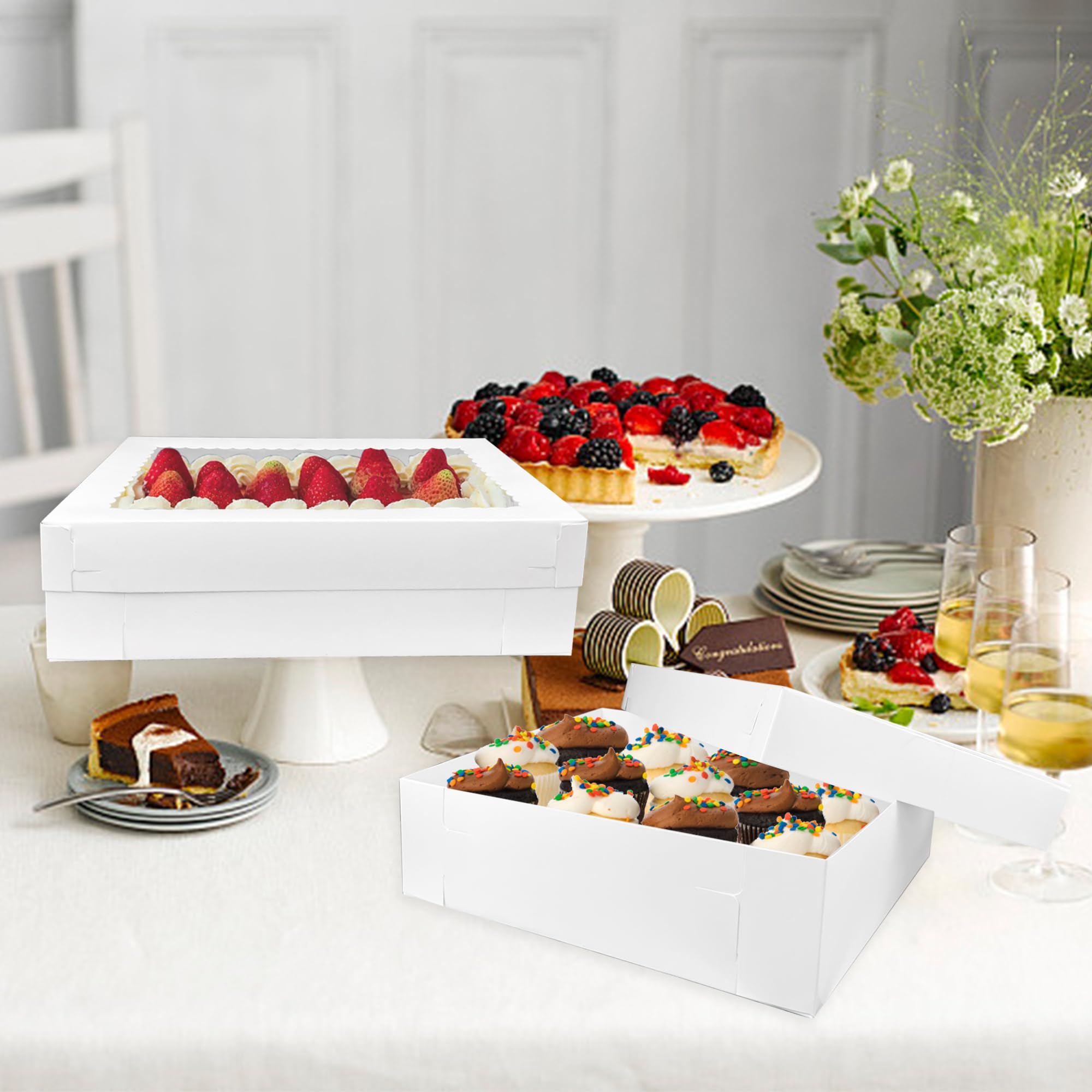 12 Pack Large White Cake Boxes With Window - 16x11x4 Inch Bakery Packaging For Donuts, Cupcakes, Pastries
