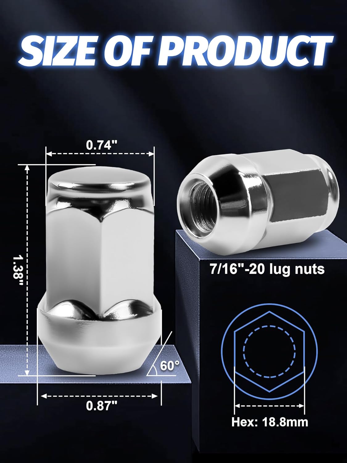 7/16-20 Lug Nuts，24pcs Aftermarket Wheel Chrome Closed End Lug Nut Fits Chevy 1971-1989 Blazer 1971-1985 K10, 1971-1989 Jimmy 1979-1986 K1500，1.38" Length