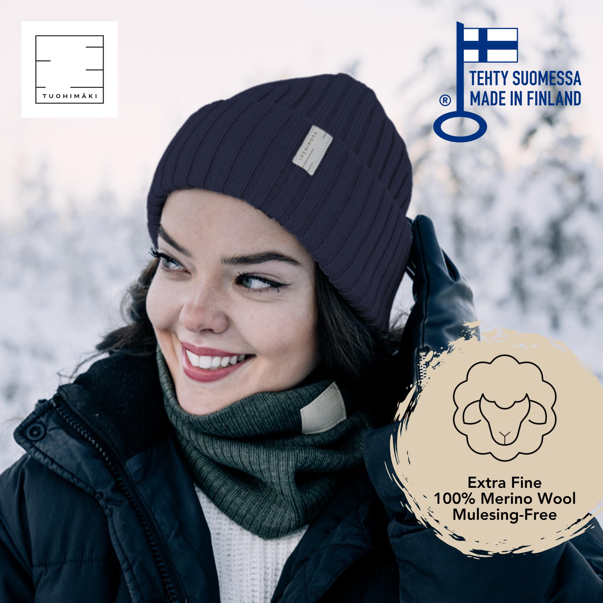 Gorro de Lana Merino para Mujer, 100% Lana Merino Extrafina, sin Mulesing – Fabricado en Finlandia – Azul Oscuro, Talla Única – Gorro de Invierno Suave y Transpirable