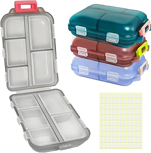 4 Pack Travel Pill Organizer, Pill Case with 110 Pcs Labels, 10 Compartments Medicine Organizer Daily Pill Box Pill Container, Small Weekly Pill Organizer Portable Pill Dispenser for Pocket Purse