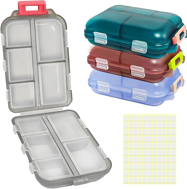 4 Pack Travel Pill Organizer, Pill Case with 110 Pcs Labels, 10 Compartments Medicine Organizer Daily Pill Box Pill Container, Small Weekly Pill Organizer Portable Pill Dispenser for Pocket Purse