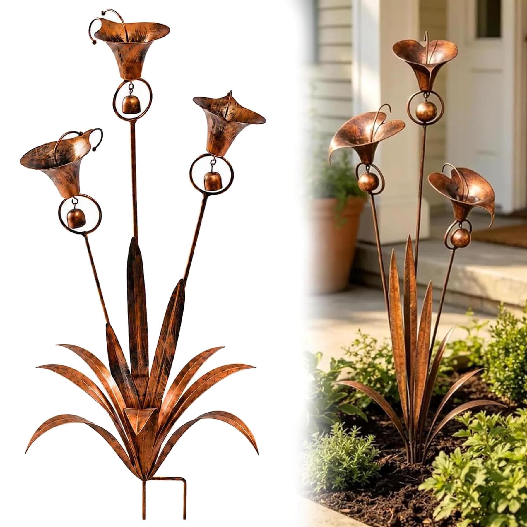 JORCEDI Three Calla Lilies Garden Stake, Flamed Copper Bell Wind Chime, Handmade 24in Rustic Floral Sculpture, Outdoor Yard Art Decoration, Thoughtful Gift for Gardening Enthusiasts