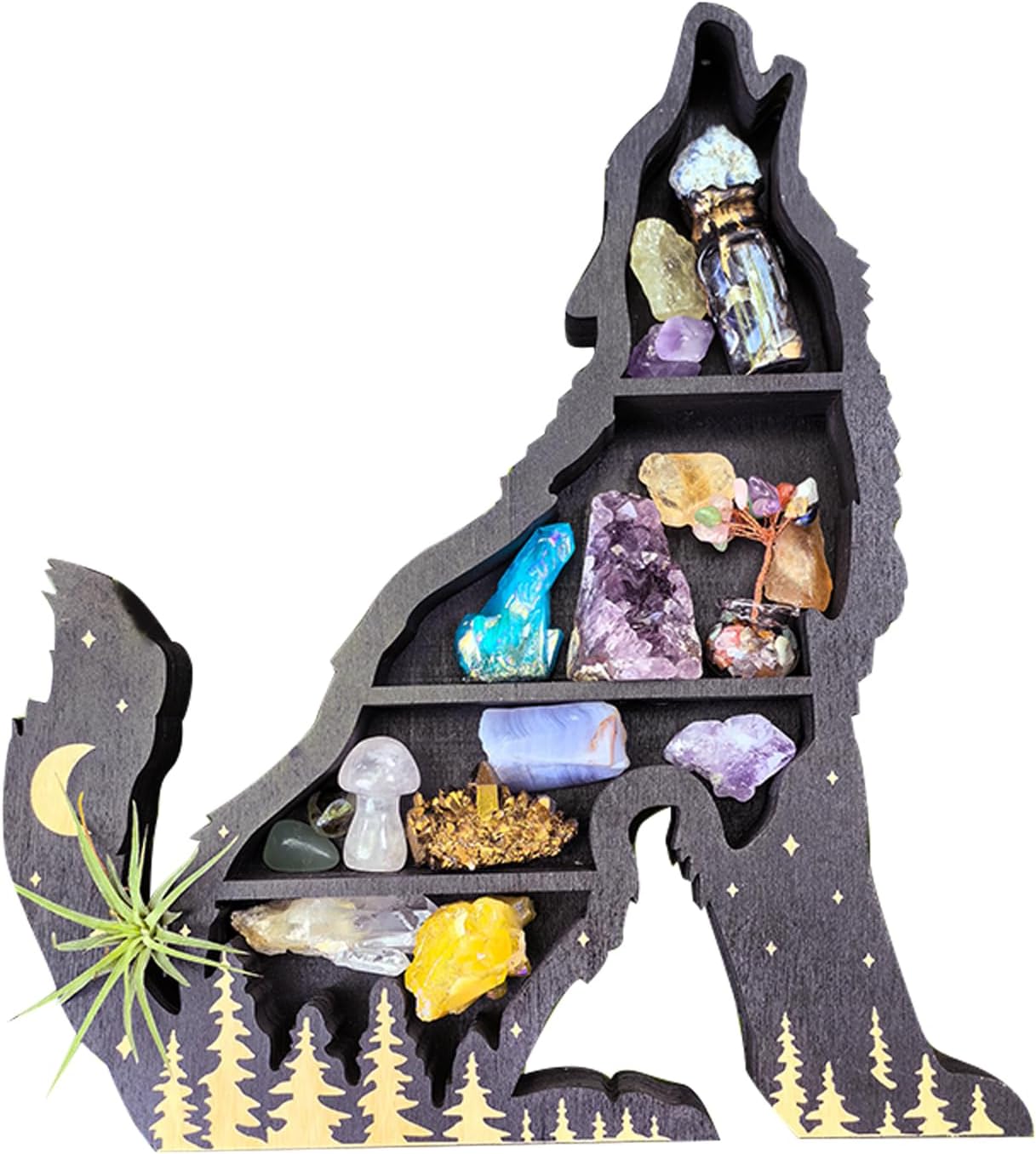 Wolf Crystal Display Shelf - Wooden Howling Wolf Wall Shelf for Crystals, Gemstones, and Rustic Home Decor