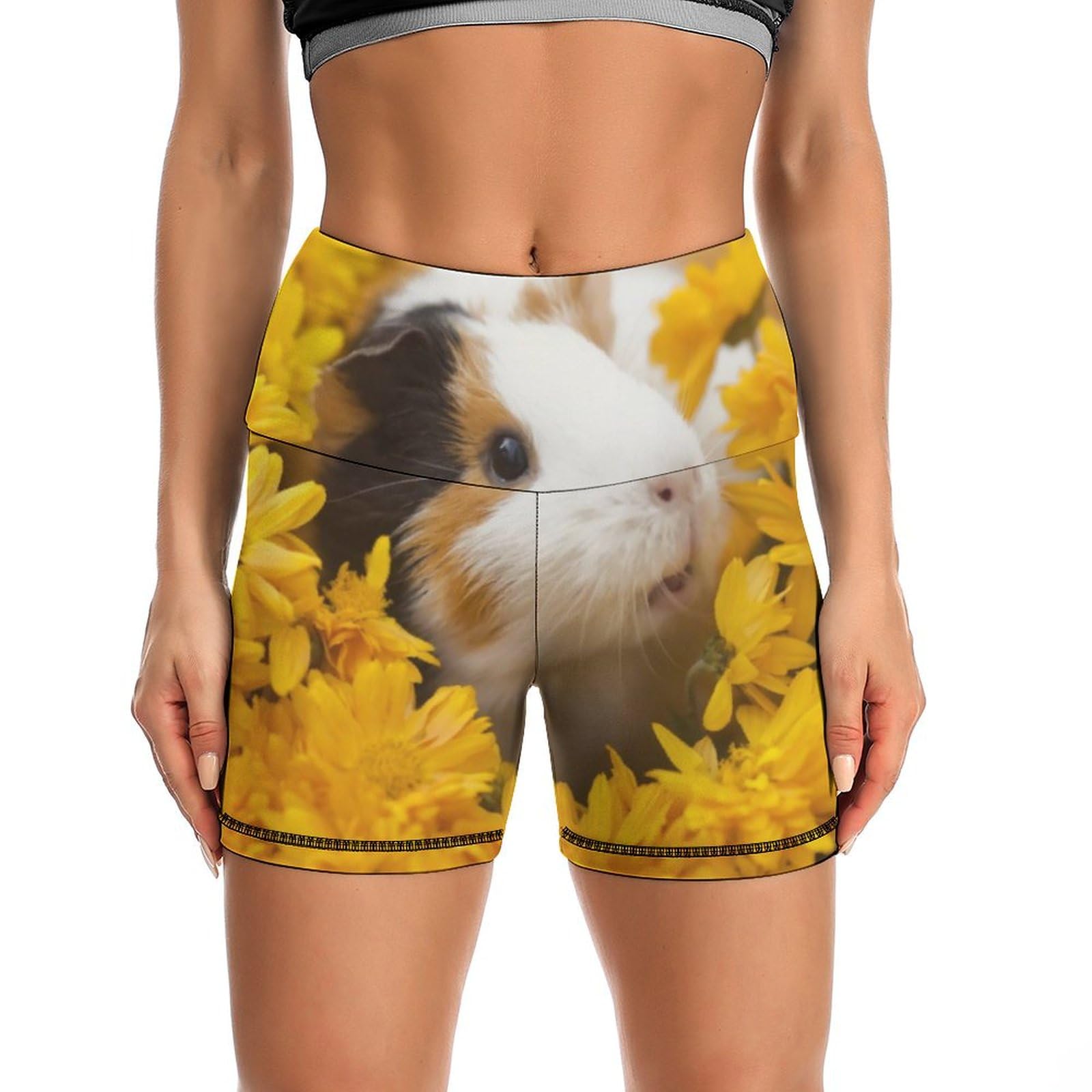 Cute Guinea Pig Pattern High Waist Yoga Shorts for Women Athletic Shorts Leggings Running Pants Black