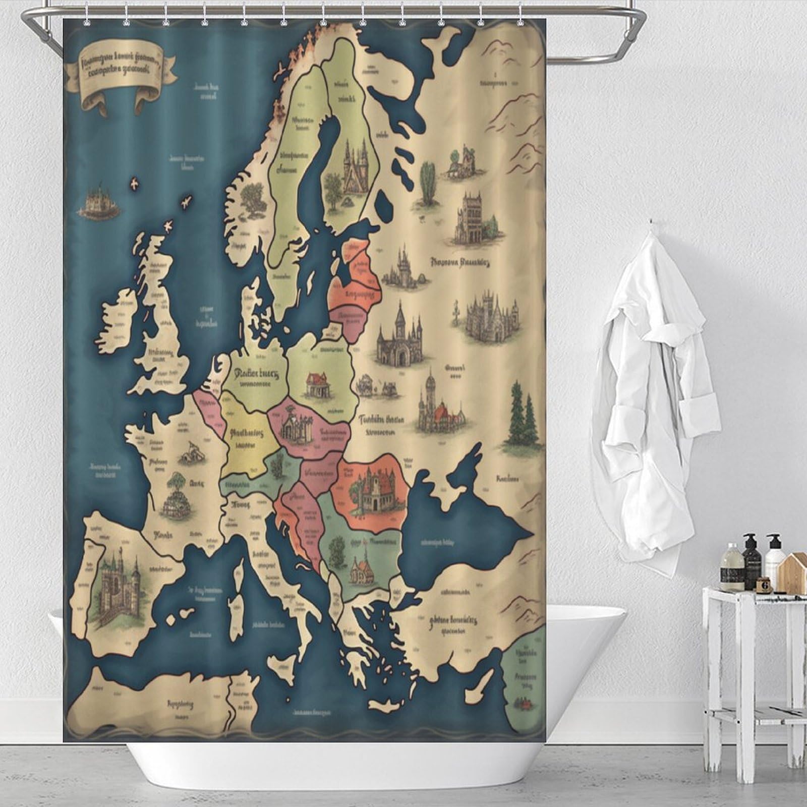 Rideau de douche anti moisissure tissu étanche séchage rapide 122x183cm carte Europe avec crochets