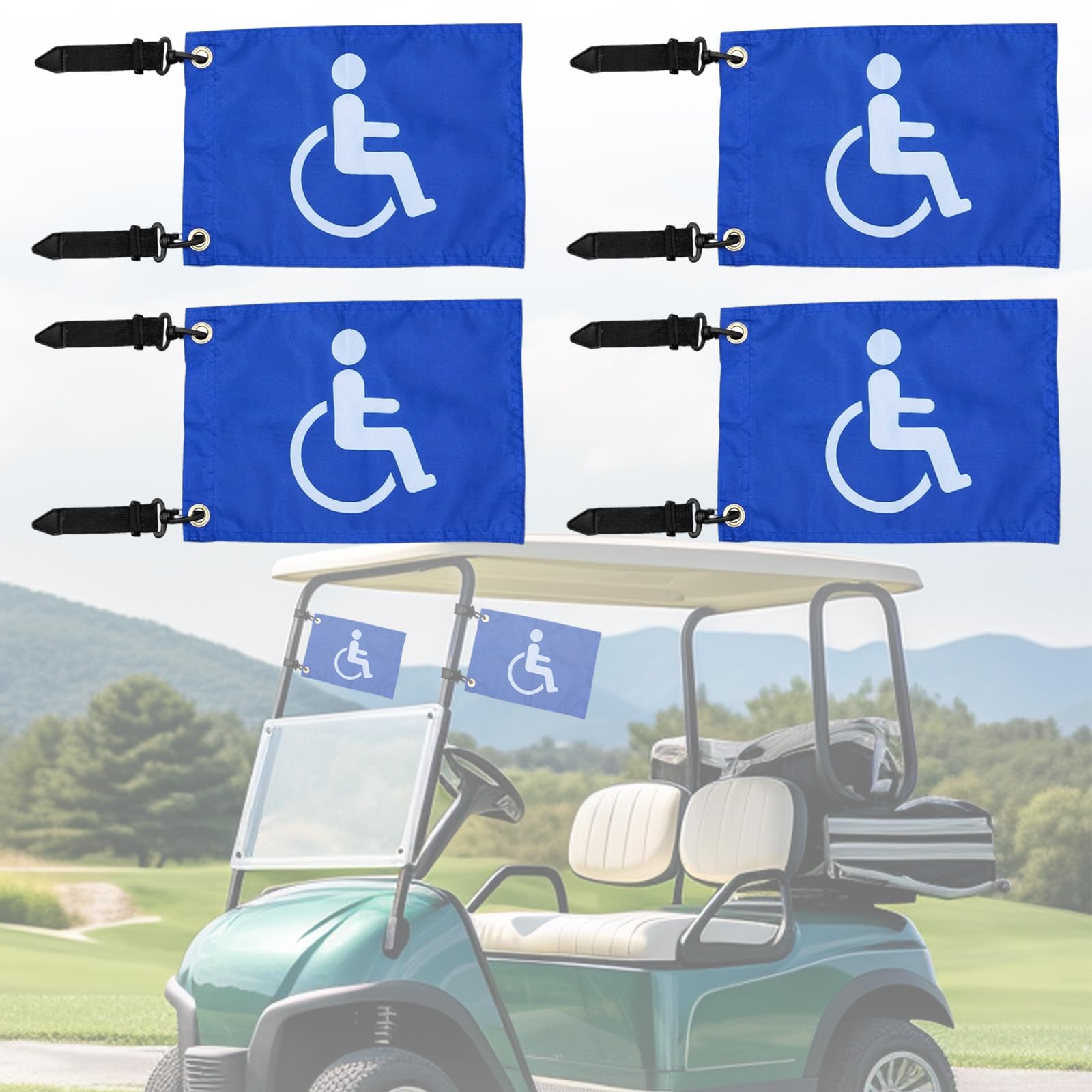 Disable Handicap Flag for Golf Cart, Boat, Bike - Blue Safety Golf Flag with Elastic Strap Bracket, 9"L x 6"W, 4Pcs